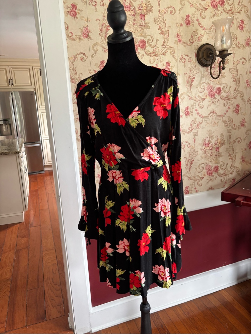 Topshop Black Long Sleeve Wrap Dress with Red & Pink Floral Print